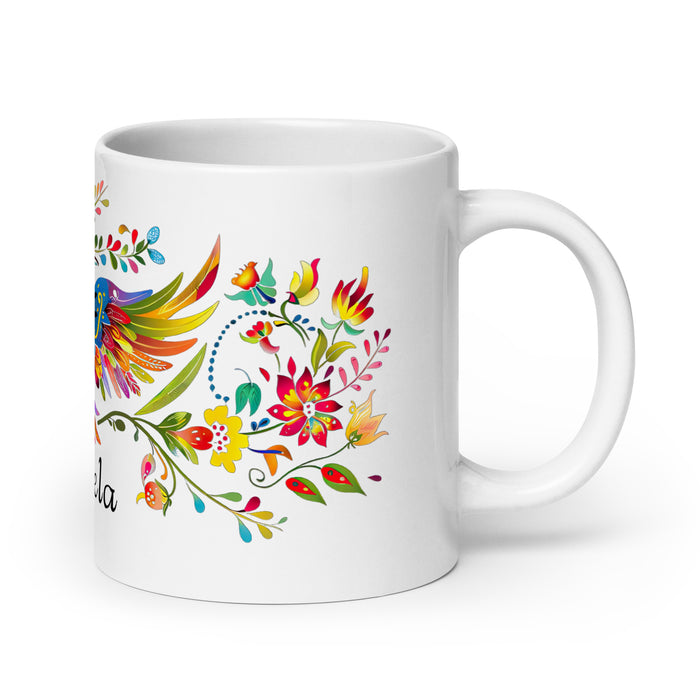 Taza de café exclusiva con nombre de Ángela, obra de arte para el hogar, la oficina, el trabajo, regalo de orgullo mexicano español, taza blanca brillante con caligrafía única en su tipo | Á12