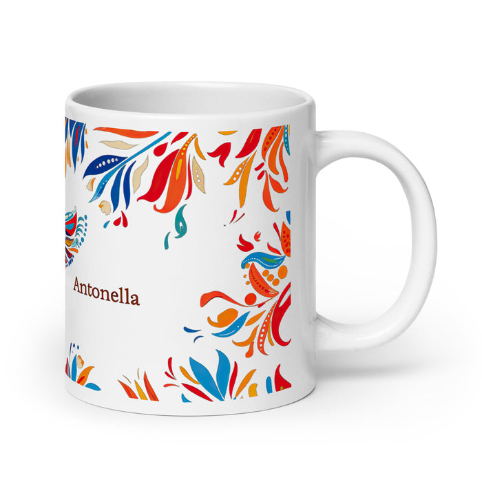 Antonella – Exklusives Namenskunstwerk, Kaffeetasse für Zuhause, Büro, Arbeit, mexikanischer und spanischer Stolz, Geschenktasse, einzigartige Kalligraphie, weiß glänzend, A1