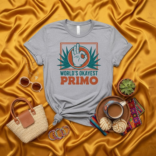 World's Okayest Primo T-Shirt: Funny Cousin Gift Tee, Hand Gesture Okay Sign, Mexican Conchas, Unisex Spanish-English Sibling Style Graphic Shirt Mexicada