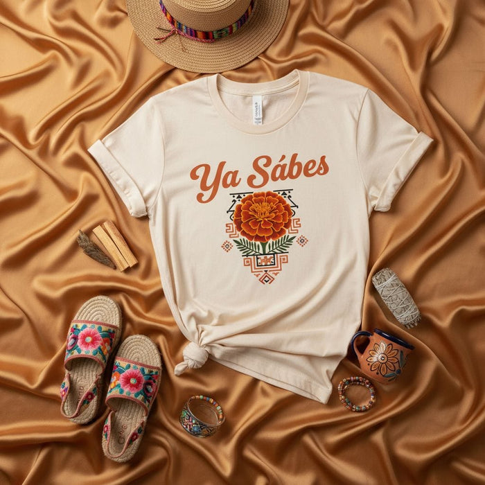 Ya Sabes Marigold Flower T-Shirt, Unisex Graphic Tee, Mexican Folk Art Inspired Design, Cempasúchil Shirt, Dia de Muertos Apparel Mexicada