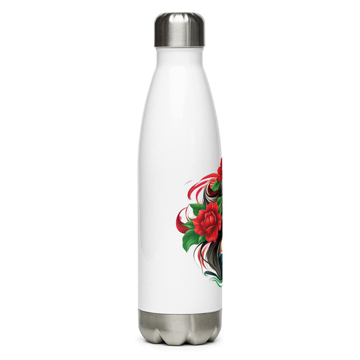 Dark Red & Cyan Elegance: Art of Girl with Flowers in Hair Stainless Steel Water Bottle Mexicada