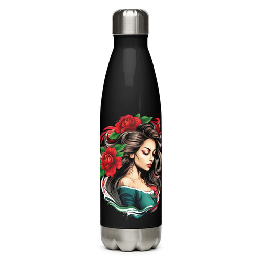 Dark Red & Cyan Elegance: Art of Girl with Flowers in Hair Stainless Steel Water Bottle Mexicada Black