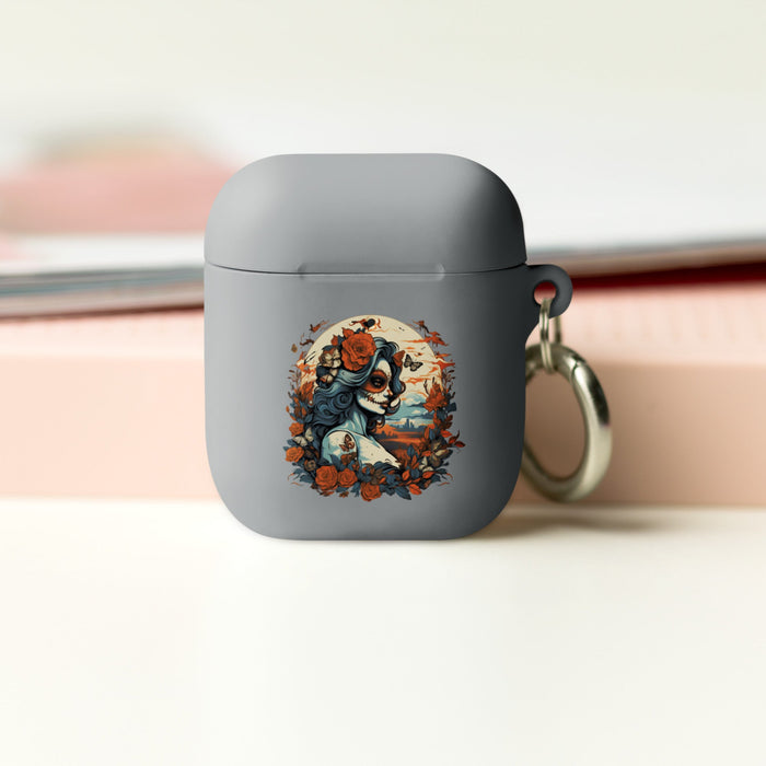 Day of the Dead Romance: Light Blue & Amber with Butterfly-adorned Woman Rubber Case for AirPods® - Mexicada