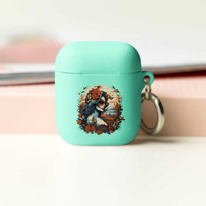 Day of the Dead Romance: Light Blue & Amber with Butterfly-adorned Woman Rubber Case for AirPods® - Mexicada