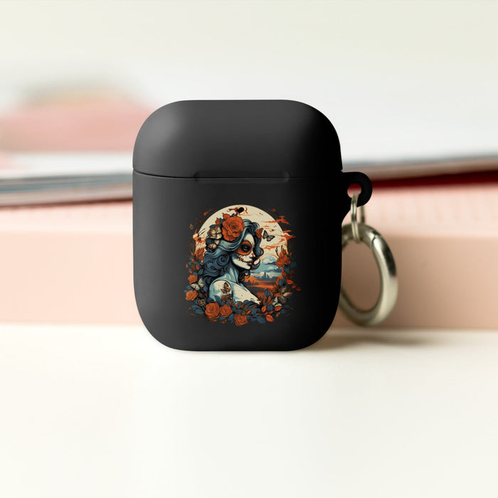 Day of the Dead Romance: Light Blue & Amber with Butterfly-adorned Woman Rubber Case for AirPods® Mexicada Black / AirPods