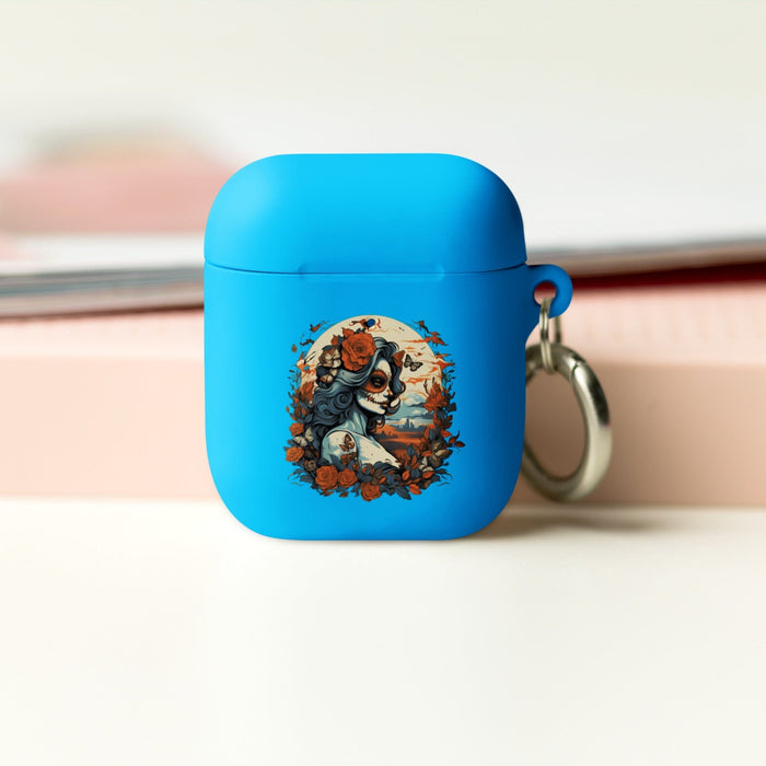 Day of the Dead Romance: Light Blue & Amber with Butterfly-adorned Woman Rubber Case for AirPods® Mexicada Blue / AirPods