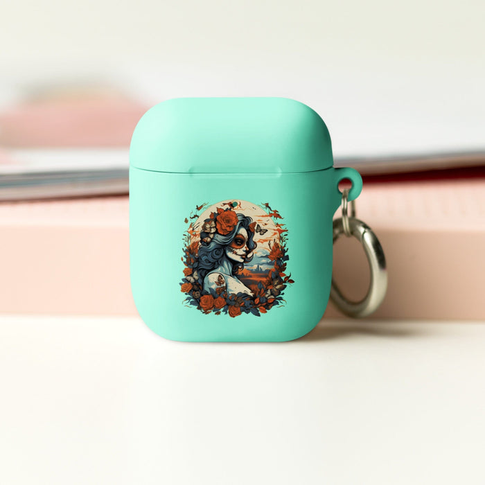 Day of the Dead Romance: Light Blue & Amber with Butterfly-adorned Woman Rubber Case for AirPods® Mexicada Mint / AirPods