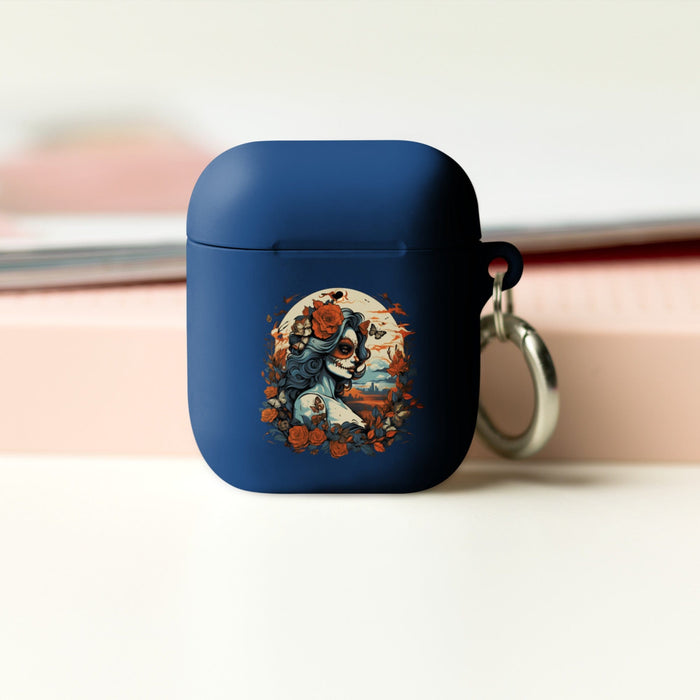 Day of the Dead Romance: Light Blue & Amber with Butterfly-adorned Woman Rubber Case for AirPods® Mexicada Navy / AirPods