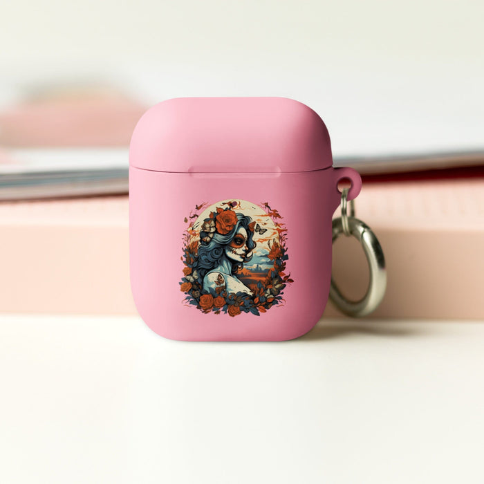 Day of the Dead Romance: Light Blue & Amber with Butterfly-adorned Woman Rubber Case for AirPods® Mexicada Pink / AirPods