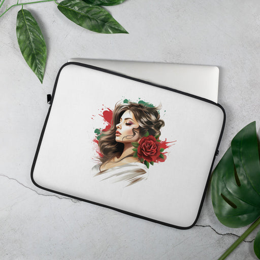 Fluid Brush Strokes: Art of Romantic Girl with Red Flower, Dark White Tattoo Laptop Sleeve - Mexicada
