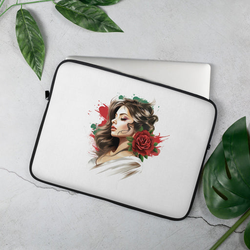 Fluid Brush Strokes: Art of Romantic Girl with Red Flower, Dark White Tattoo Laptop Sleeve Mexicada 15″